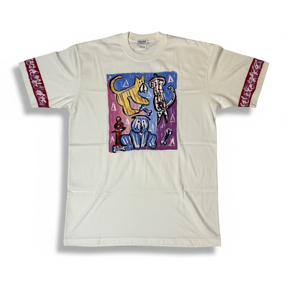 Encore for Silkscapes Vintage Handpainted Graphic T-Shirt Cream Large‎ Cats Dogs